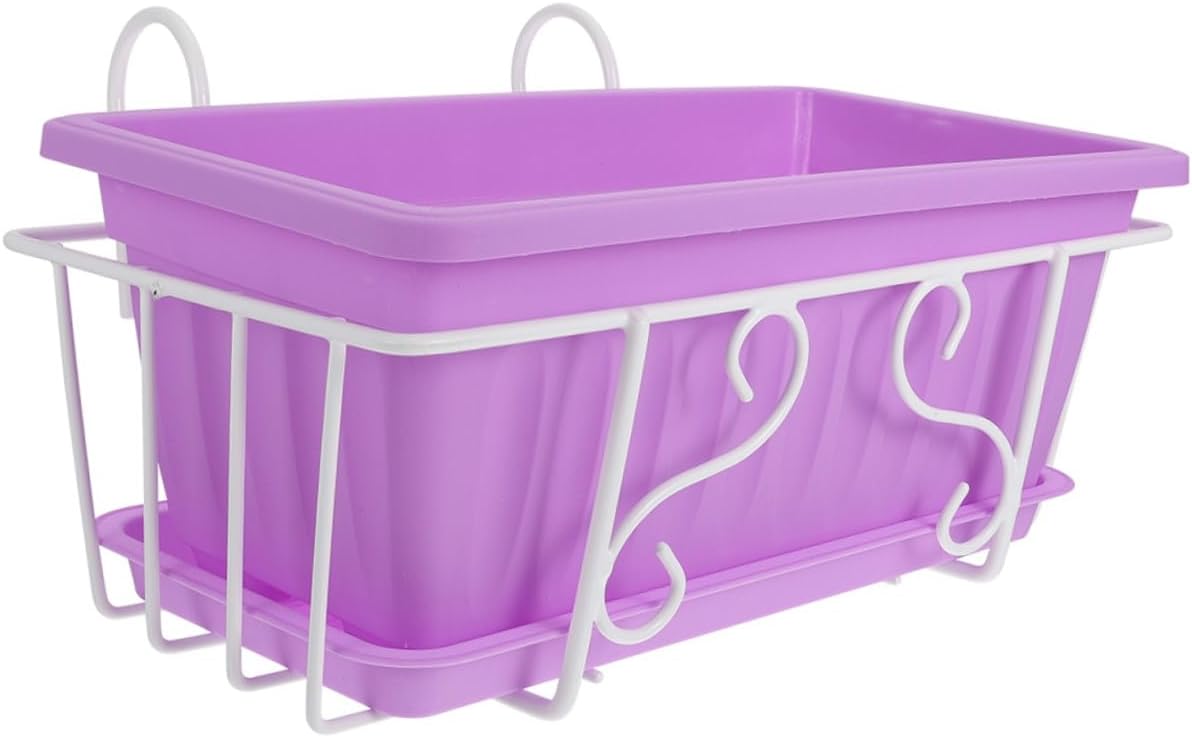 DOITOOL Rectangular Vegetable Planter Box with White Iron Bracket and Saucer, Medium Resin Flower Pot for Hanging Balcony Railing Garden and Windowsill Plant Container