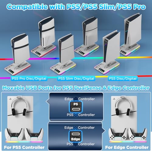 Yaskyly Soporte para PS5/Slim/Pro con Cargador Mando, Ventilador PS5 de 3 Velocidades, Luz LED RGB, Soporte PlayStation 5 Vertical con 3 Puertos USB, Soportes Compatible con Consola PlayStation 5 - imagen 3