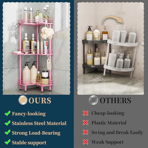 Image of Consumest Corner Shower Caddy Standing - 3-Tier Stainless Steel Shower Organizer with Soap Holder and 4 Hooks, Large Capacity Corner Shelf Stand for Bathroom, Rest Room, Pink