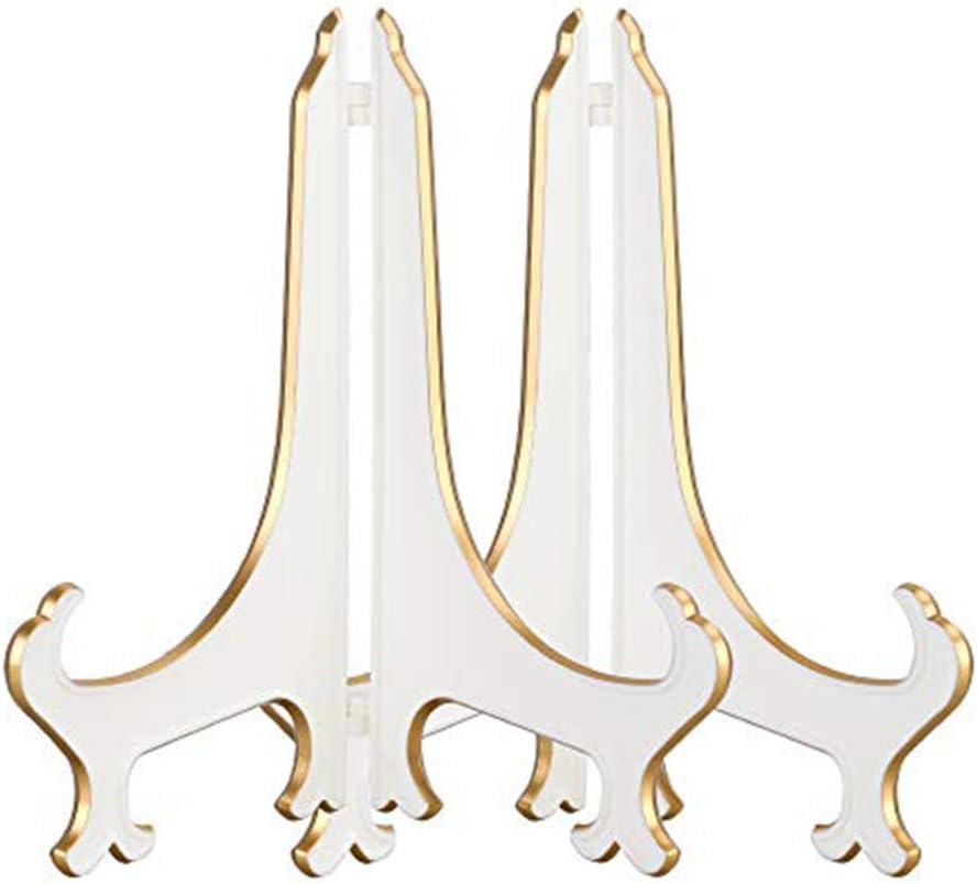 Artliving 10" Decorative Plate Stand Holder Plastic Picture Easel Display Stand Picture Frame Stand White Gold (2 Pack)