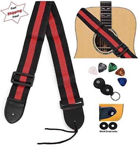Magik Fulfillment Black Red Guitar Strap Belt For Kids And Adults + Guitar Picks + Strap Locks. SHIPS FAST!