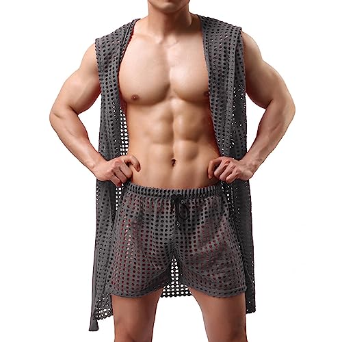 Men's Mesh Fishnet Hooded Sleeveless Robes Bathrobes Sleepwear Pajamas Hollow Out Beachwear Nightgown Homewear Nightwear