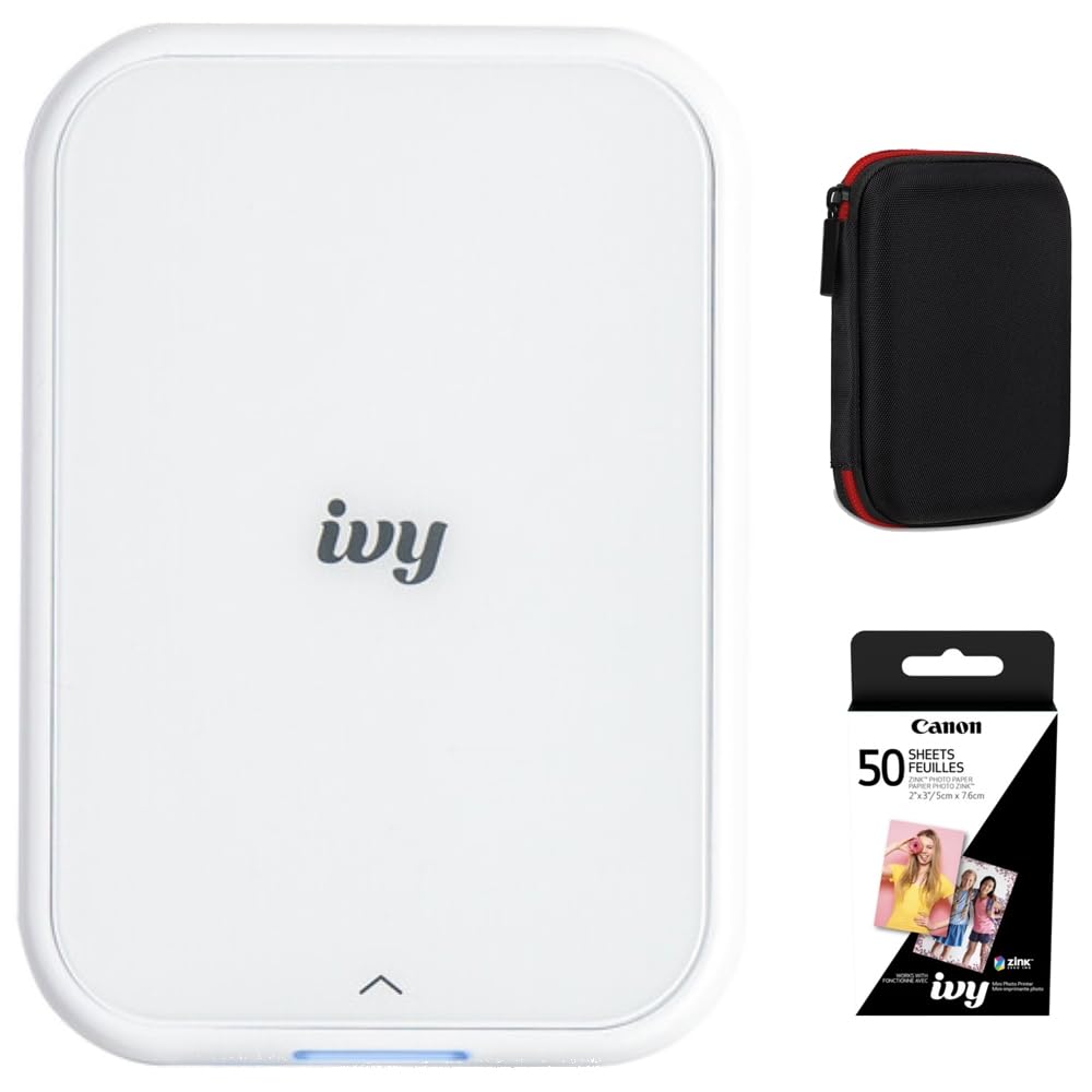 Canon Ivy 2 Mini Photo Printer | Pure White Bundle with Photo Paper Pack - 50 Sheets + Hard Case (3 Items)