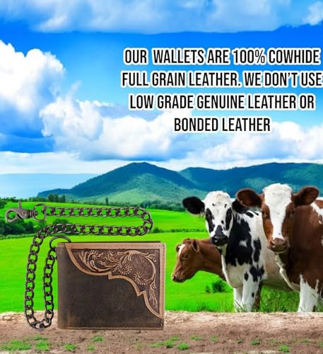 Image of F&L CLASSIC RFID Blocking Mens bi-fold Style Cowhide Leather Steel Chain Wallet, brown western style,texas 83