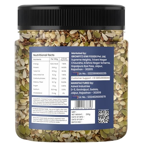 Image of Growfitz 7-in-1 Super Seed Mix | 250g | 24.4g High Protein & Fiber | Roasted Pumpkin, Sunflower, Flax, Chia, Soy Nuts & Sesame | Healthy Snack |