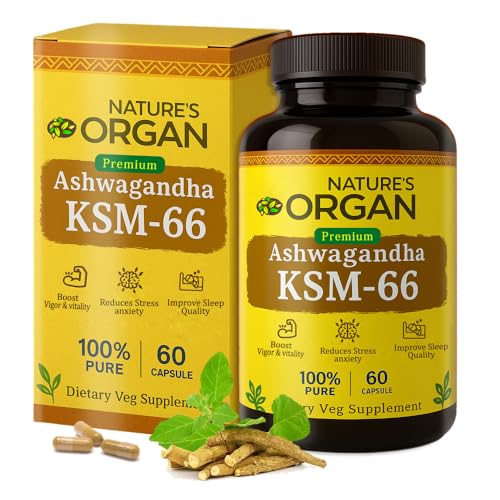 Image of Nature's Organ Ashwagandha KSM-66-500mg for Vitality, Extra Strength & Power with Stress Relief, Sleep Support & Immunity | Premium Root Extract for Men & Women | 60 Capsules