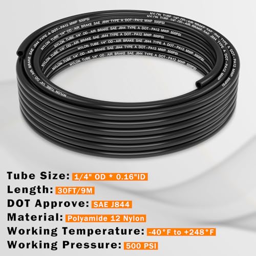 Image of CheeMuii 30 FT 1 /4 DOT Air Line 1 /4 inch PA12 Nylon Pneumatic Tubing 9.1 Meter 1 /4 Inch OD Pneumatic Air Tubing Pipe Hose Line for Semi Truck Trailer or Industrial Air System