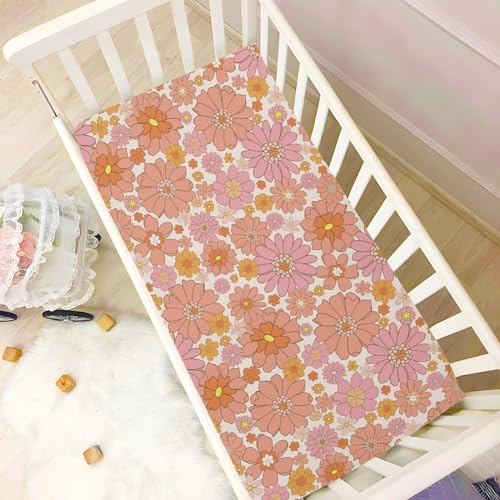 Image of CaTaKu Mini Crib Sheets Fitted for Girls Boys Retro Orange Flower Baby Crib Sheets, Neutral Mattress Sheets Nursery Toddler Bed Sheets 28 inchx 52 inch