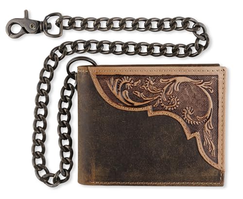 Image of F&L CLASSIC RFID Blocking Mens bi-fold Style Cowhide Leather Steel Chain Wallet, brown western style,texas 83