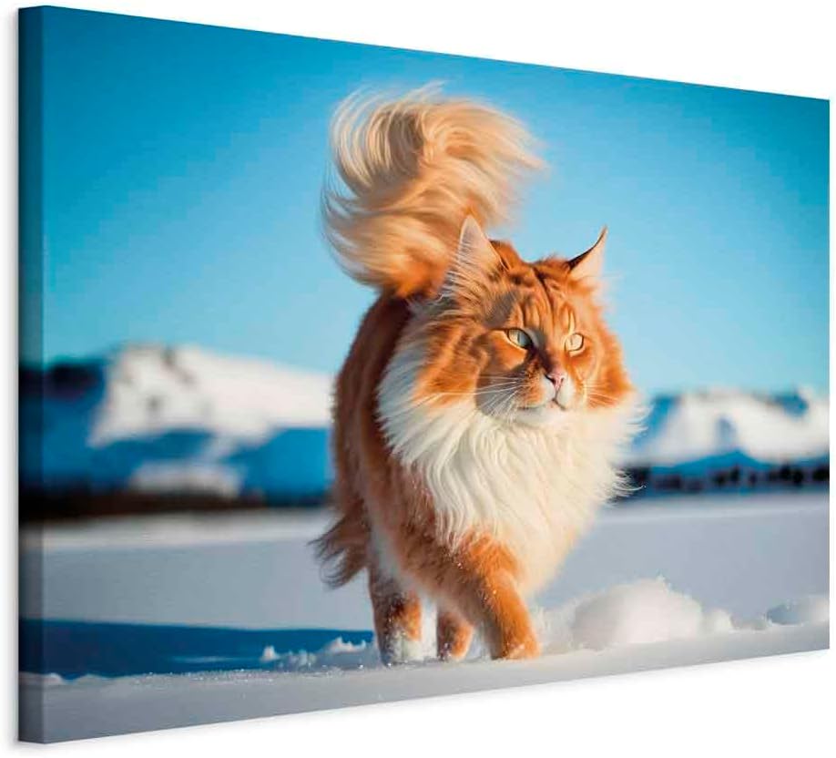 artgeist Acoustic Canvas Wall AI Art Print Cat 35x24 in - 1pcs Picture with Acoustic Foam Sound Print Artwork Room Acoustics Soundproofing Redhead Cats Maine Coon Snow g-H-10031-b-a