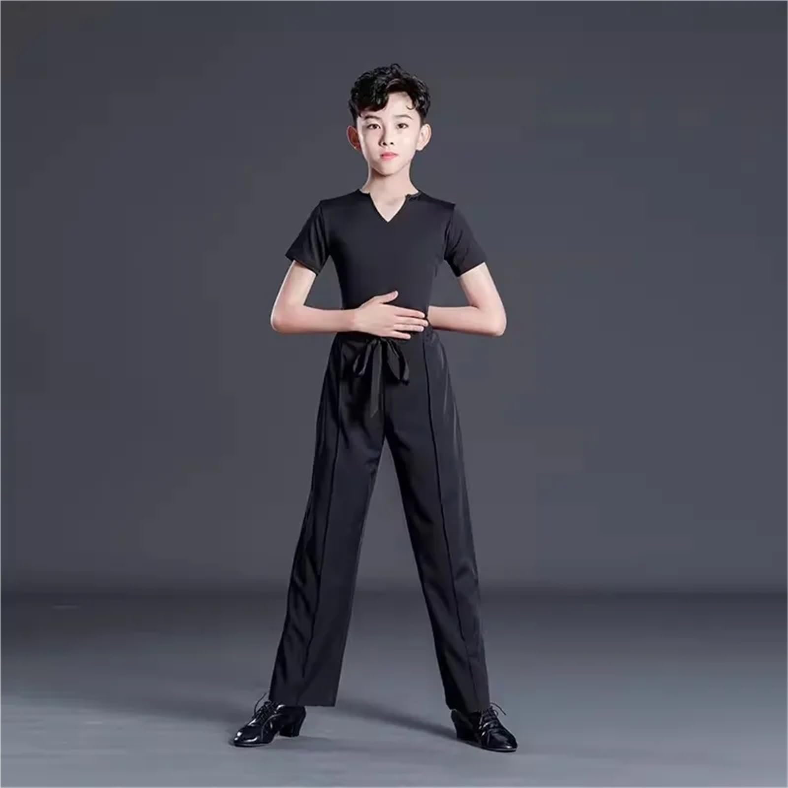Pantaloni Uomo Eleganti Set Da Ballo Latino For Bambini, Azzurro Chiaro, Abbigliamento For Balli Latino For Bambini, Abbigliamento For Balli Rumba/cha Cha/samba, Pantaloni Neri Con Lacci(160CM,Pant 2)