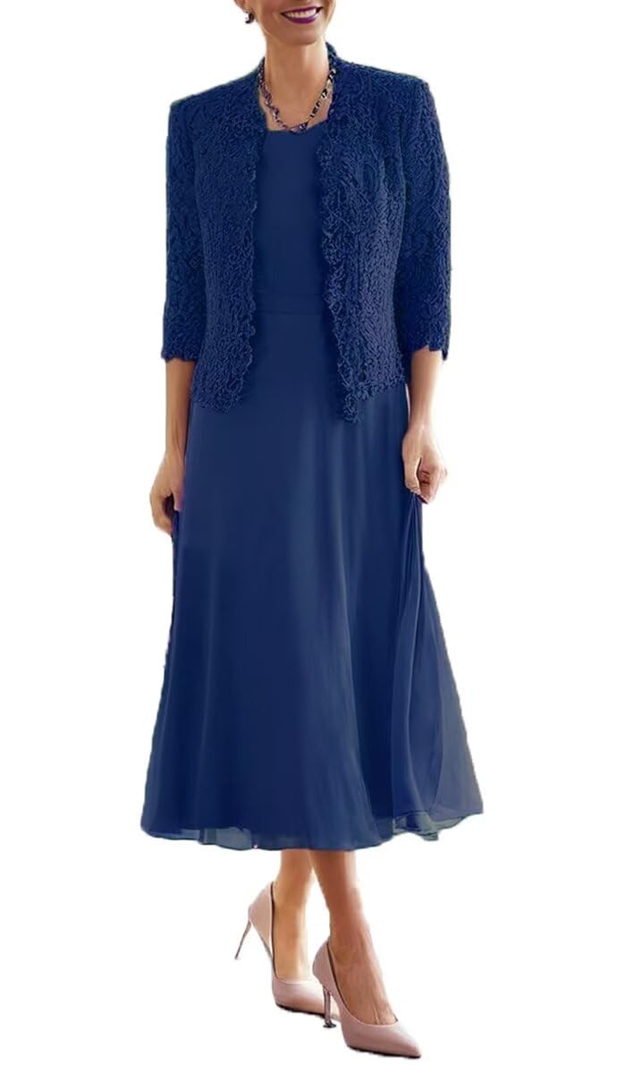 Tea Length Grandmother of the Bride Dresses with Jackets Elegant Laces Mother of Bride Dress for Wedding Guests