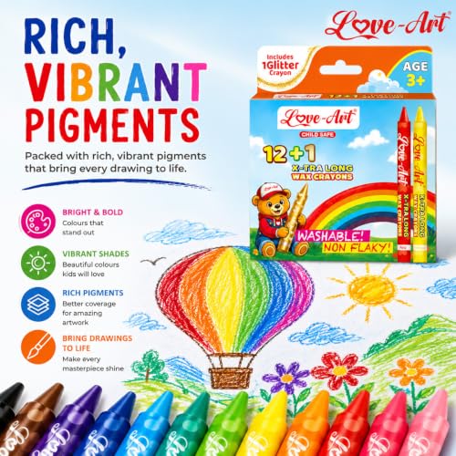 Image of Love-Art 12+1 X-TRA Long Wax Crayons for Kids | Extra Long, Ultra Smooth & Vibrant Colour Crayons | Non-Flaky, Washable Wax Colours for Drawing, Colouring, Art & School