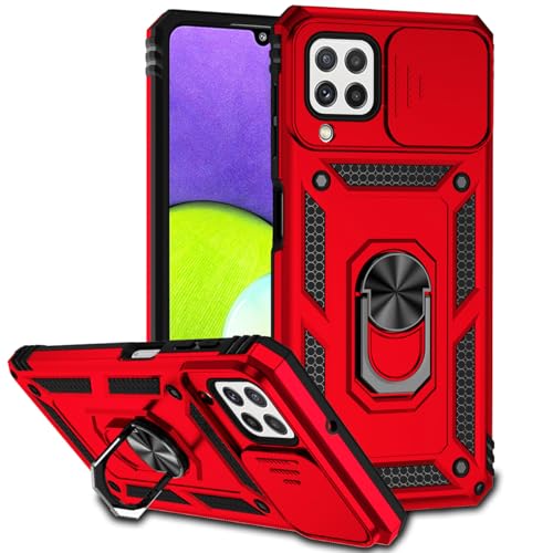 Tothedu Case for Galaxy A22 Case, Samsung A22/Galaxy M32 Global/Galaxy M22 Case with Slide Camera Cover, Built-in 360° Rotate Ring Kickstand Magnetic Shockproof Phone Cover for Samsung Galaxy A22 Red