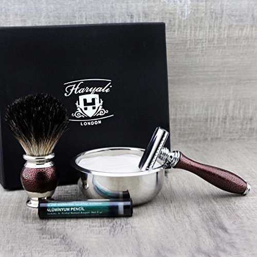 Set da 4 pezzi di rasatura in stile antico, con rasoio puro, rasoio, rasoio e sapone Haryali London Premium + panno in alluminio, perfetto per la rasatura a umido