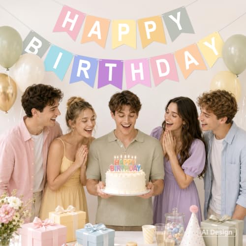 Image of Happy Birthday Banner Party Banner NO DIY Birthday Sign Pastel