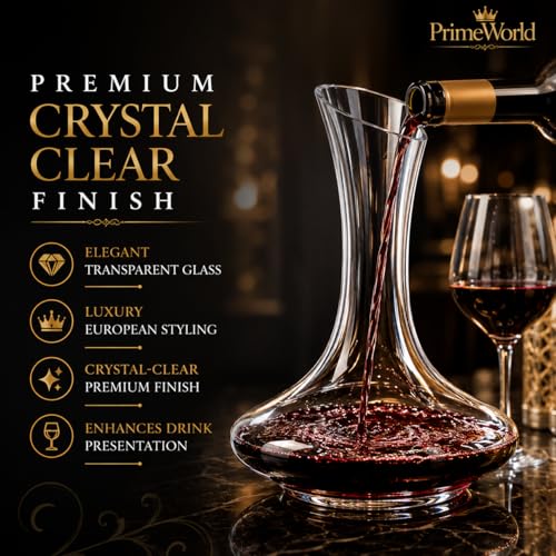 Image of PrimeWorld European 1500 ml Open Crystal Clear Glass Decanter Set of 1 Pcs - Perfect for Whiskey, Scotch, Wine, Vodka, Tequila, Rum etc