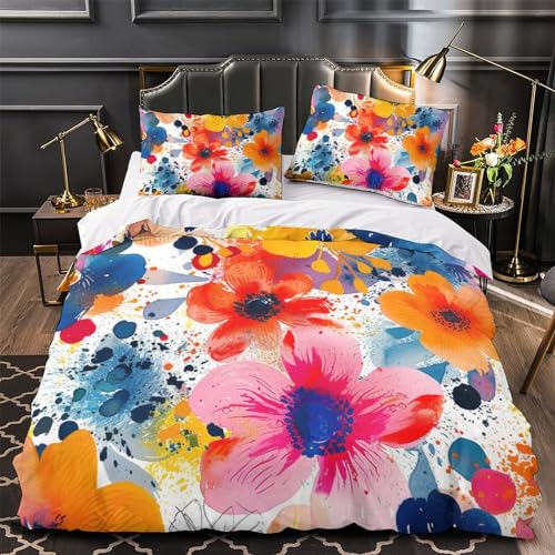 Parure de lit fleurs aquarelle 3D King avec taies d'oreiller microfibre douce