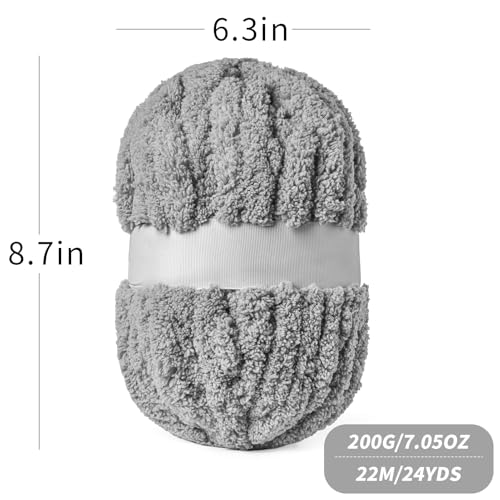 Image of (10 Skein) Light Gray Fluffy Chenille Chunky Yarn for Crocheting, Super Jumbo Bulky Yarn for Hand Knitting Blanket, Big Soft Thick Crochet Yarns (24 yds /7.05 oz Each)