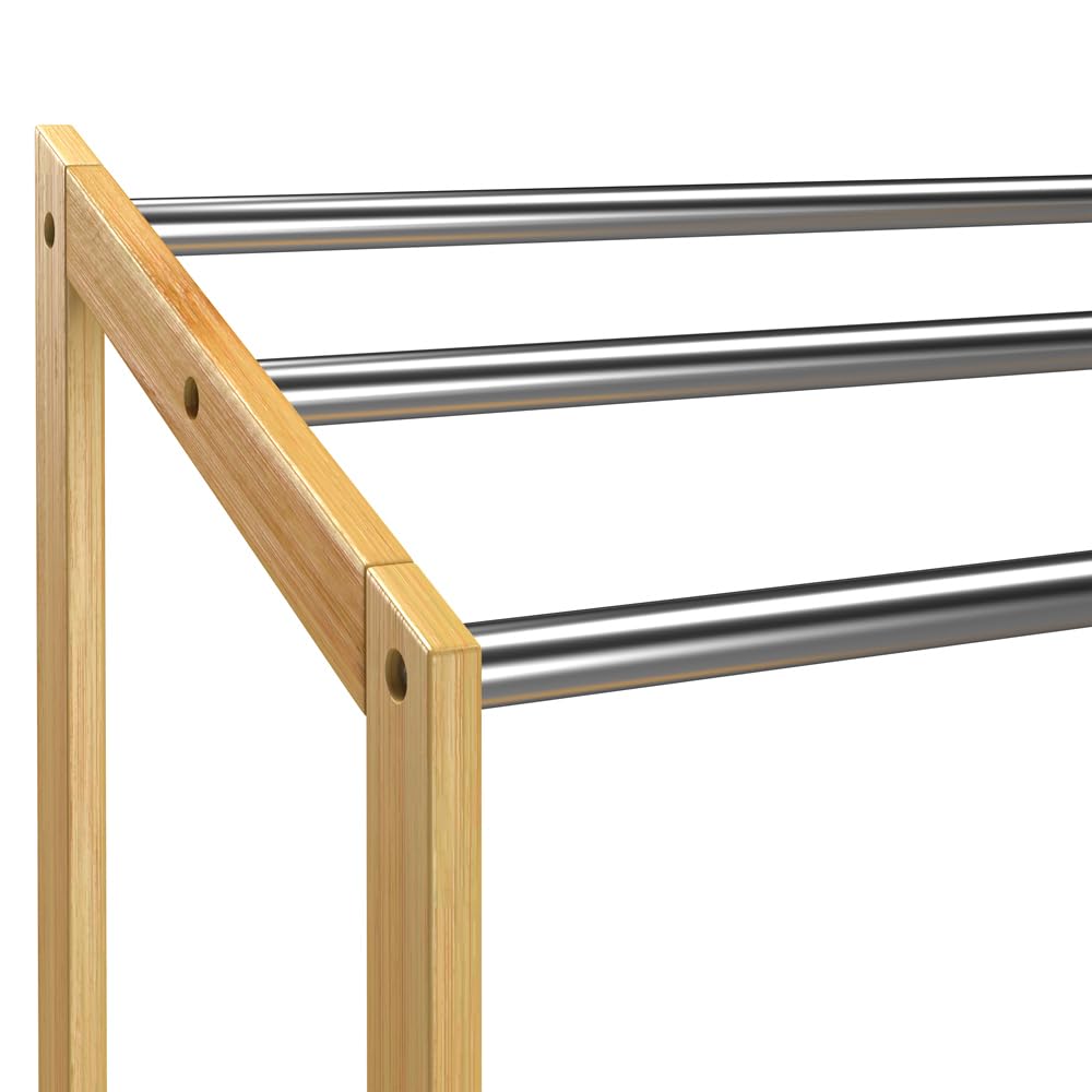 Porte-Serviettes en Bambou sur Pied avec 3 Barres en Acier Inoxydable Étagère de Rangement Salle de Bain