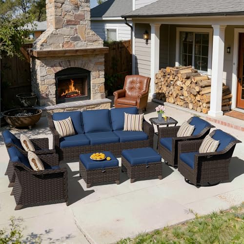 Image of 8 Piece Patio Furniture Set, Wicker Outdoor Conversation Set | Patio Chair Set with Olefin Removable Cushion, All-Weather Outdoor Couch with Deep Seat for Porch, Deck and Backyard, Blue