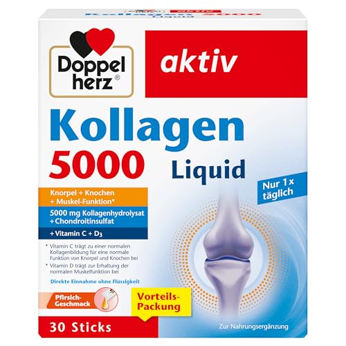 Doppelherz Kollagen 5000 Liquid - mit Kollagenhydrolysat Chondroitinsulfat Vitaminen und Mangan - 30 Sticks mit Pfirsich-Geschmack