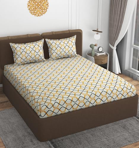 Image of VOMZER 320 TC Cotton Feel All Around Elastic Fitted Bedsheets King Size, Premium Fitted Bedsheets King Size for Double Bed with 2 Pillow Covers, Size- 78 inch x 72 inch