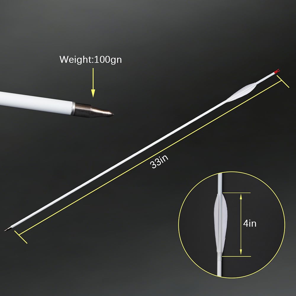 12 pz Tiro con Arco Flechas de Caza Spine 500 600 700 800 Flecha de Carbono-Puro 4" Pluma Natural Blanca para Arco Compuesto/Recurvo Práctica de Tiro y Caza