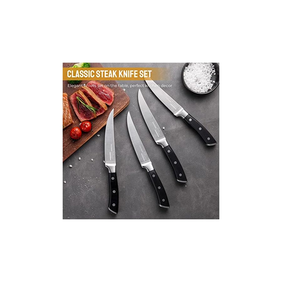 OAKSWARE Steak Knives, Non Serrated Steak Knife Set of 4, German Steel Steak Knife Set 5 Inch, 4 Pieces Professional Straight Edge Knives - Full Tang Ergonomic Handle