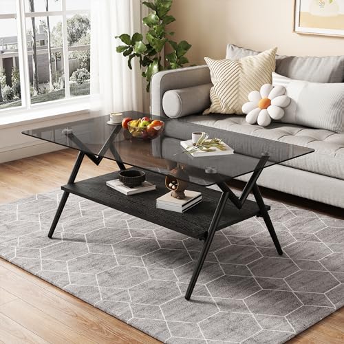 YOUGUO Glass Coffee Table, Mid Century 2 Tier Coffee Table