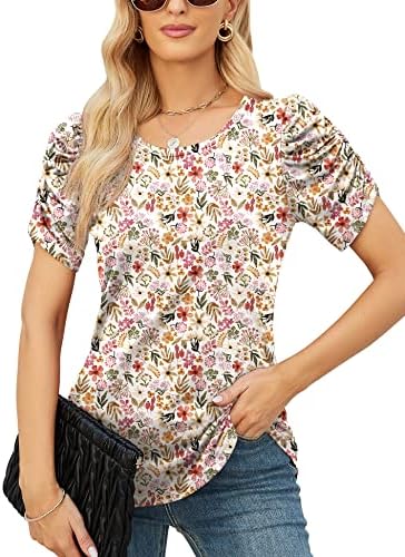 Tops to Hide Belly for Women Flower Colorful Multicolor Shirts Puffed Sleeve Tunic Blouses, S