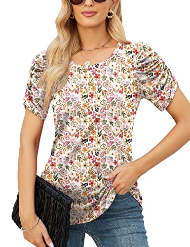 Tops To Hide Belly For Women Flower Colorful Multicolor Shirts Puffed Sleeve Tunic Blouses, S #TOP2