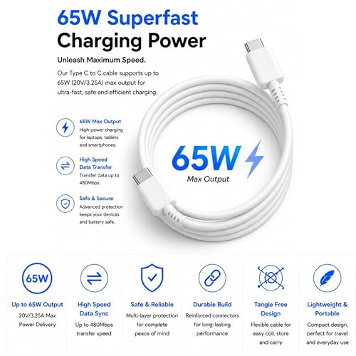 Image of 65W Type C To Type C White Cable | Fast Charging Data USB Cable | High Speed Data Transfer | Compatible with Samsung Galaxy | Original Superfast Charge