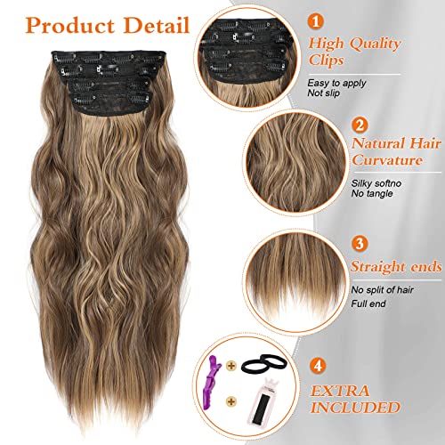 Clip In Hair Extensions-20 Inches Long Wavy Synthetic Hair Extension 4Pcs Thick Hairpieces Fiber Double Weft Hair For Women (20 Inch, Ombre Honey Blonde) #TOP2