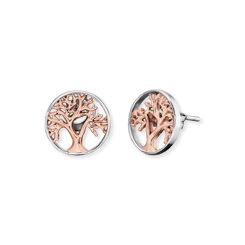 Engelsrufer Tree of Life Ear Studs for Women Bicolour Rhodium and Rose Gold Plated 925 Sterling Silver Size 12 mm (0.47")