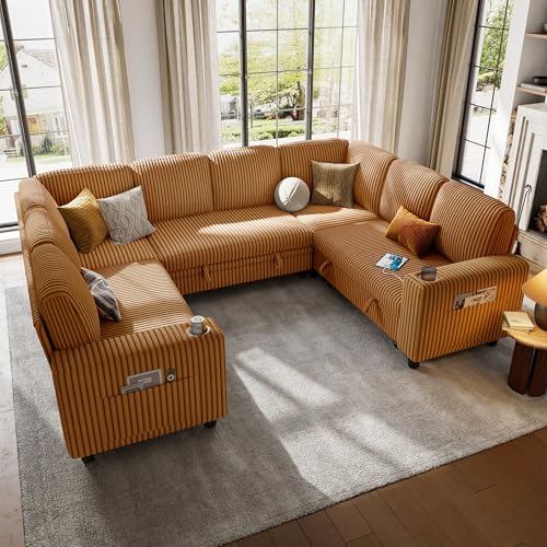 Image of LINSY HOME Sectional Sleeper Sofa with Pull Out Couch Bed - Convertible Plush Corduroy Cloud Couch with Storage Chaise & USB Charging, Comfy Modular Couches for Living Room, Brown