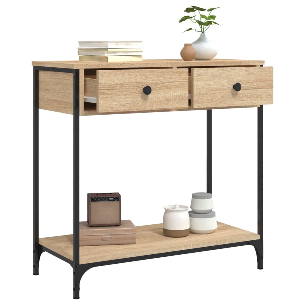 Table console avec tiroir 75 x 34,5 x 75 cm Table basse en bois avec étagères Table d'appoint avec tiroir Bois et métal chêne Sonoma