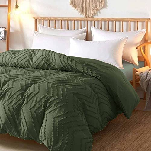 Nanko Olive Green Duvet Cover Full Size, 3Pc Boho Tufted Microfiber Bedding Comforter Cover Set, All Season Aesthetic Shabby Chic Soft Embroidery Textured Geometric Quilt Cover (80X90) #TOP2