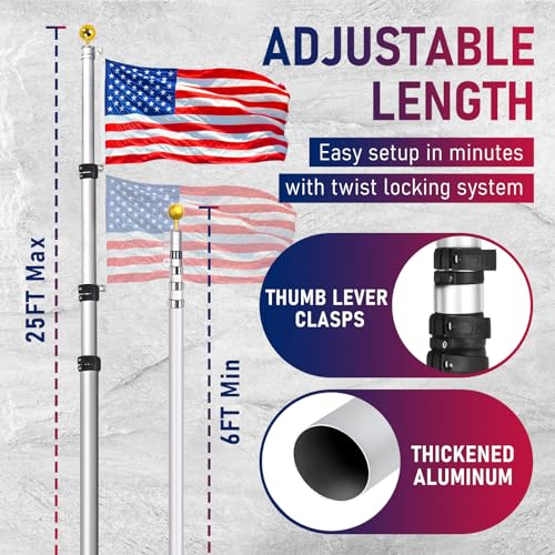 Hooomyai 25FT Telescopic Flag Pole Kit, Buckle Lock Design 16 Gauge Heavy Duty Aluminum Telescoping Flagpole for Outside House In Ground Outdoor Camper RV Tailgate with 2 USA Flags & Gold Ball Top by Hooomyai - Image 3
