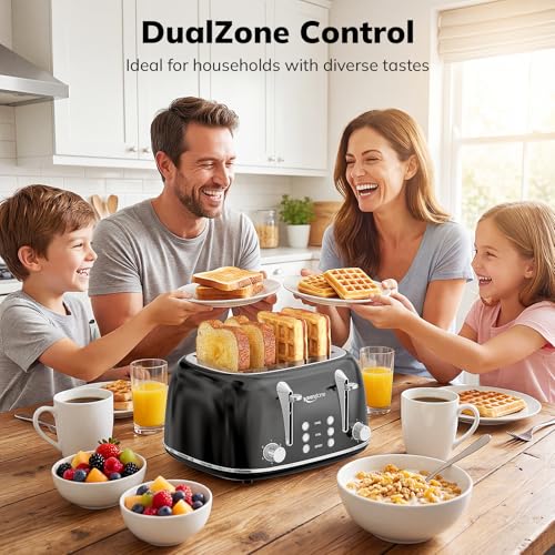 Image of Keenstone Toaster 4 Slice, Retro Stainless Steel Wide Slot Toaster with Dual Independent Controls, 6 Browning Levels, Bagel, Defrost, Reheat & Cancel, Removable Crumb Tray, Black