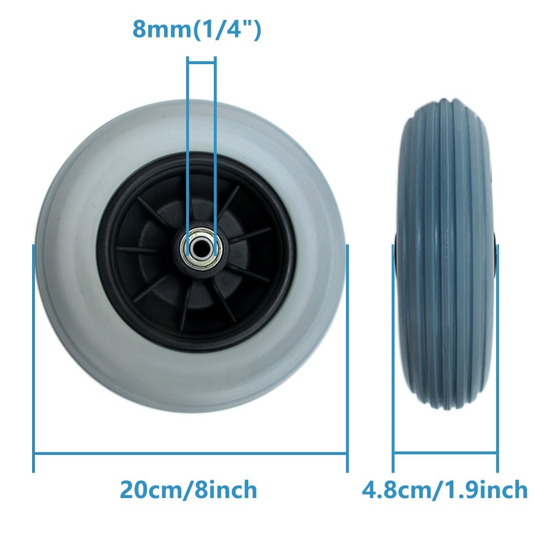 Zamienne 2 szt 8 cale Przednie Koła Wózka Inwalidzkiego, Uniwersalne Koło, Solidna Oponami PU z łożyskami 8 mm, do Elektryczny Wózków Inwalidzkich Walker