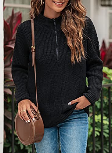 Evaless Black Sweaters For Women Long Sleeve Waffle Knit Casual Tops For Women Fashion 1/4 Zipper Pullover Chunky Sweaters Warm Cozy Crew Neck Oversized Sweater Fall Winter Outfits Clothes,Medium Size #TOP2