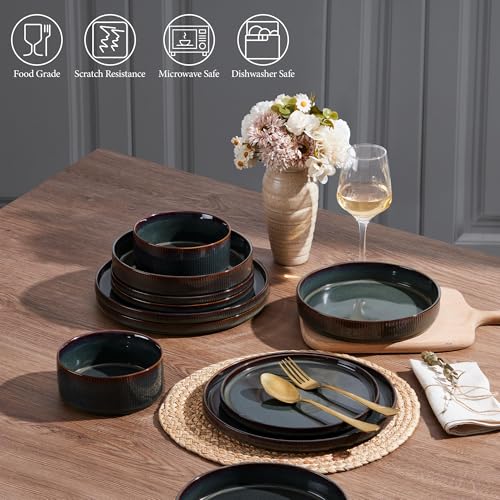 Image of E-far 16 Piece Dinnerware Sets, Plates and Bowls with Pasta Bowls Service for 4, Modern Stoneware Ribbed Dishes for Kitchen Dining, Microwave & Dishwasher Safe, Blackish Green