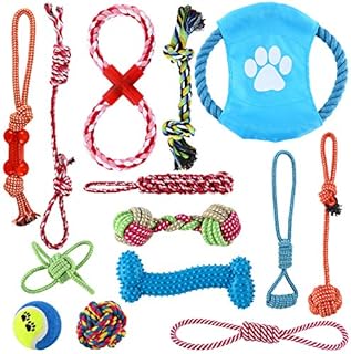 DasMorine Dog Rope Toys Puppy Chew Toys Set of 14, Dog Cotton Rope Knot Toys and Dog Ball for Small Medium Large Breeds, Nature Teething Toy for Dental Health, Stress-Free Dog Training Gifts
