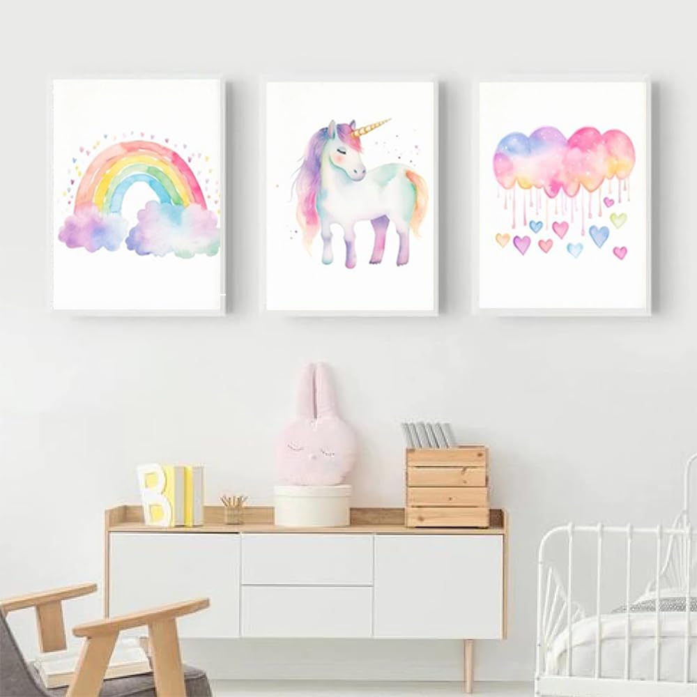 3 Laminas Decorativas Unicornio 30X40CM Poster Habitacion Niña Rosa Cuadros Arcoiris Bebé Lienzo Unicornio Laminas Habitacion Bebe Niña Infantil Rosa Poster Arcoiris Nubes Infantil sin Marco