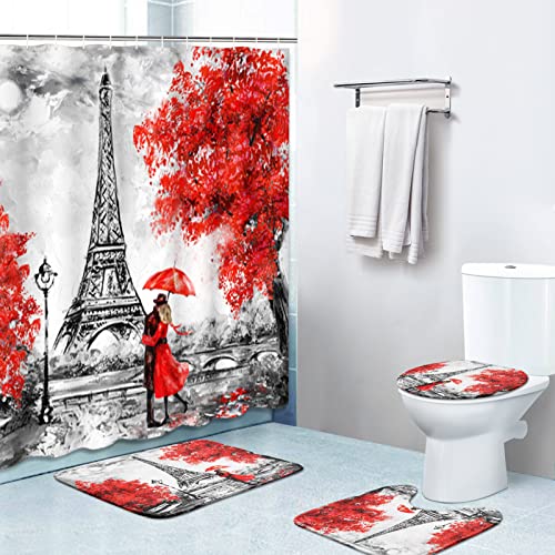 Britimes 4 Piece Shower Curtain Sets, Red Background Paris Eiffel Tower With Non-Slip Rugs, Toilet Lid Cover And Bath Mat, Durable And Waterproof, For Bathroom Decor Set, 72" X 72" #TOP4