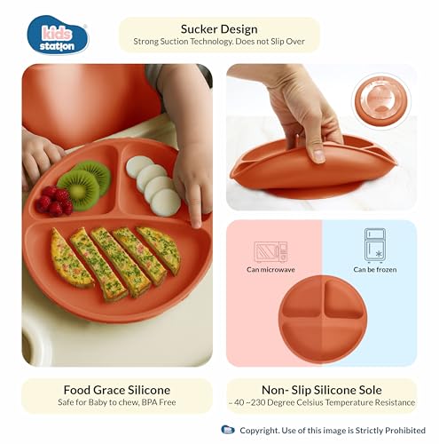 Image of Kids Station 8-Piece Silicone Baby Feeding Set | Suction Bowl, Plate, Bib, Cup, Spoon & Fork | 100% Food Grade BPA-Free Silicone | Non-Slip, Easy to Clean (Pack of 8, Orange)