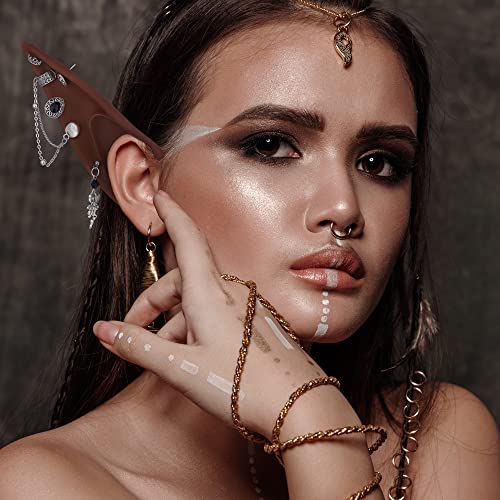 Renaissance Brown Elf Cosplay Ears with Piercings - Soft Brown Elf Ears and Silver Dangle Vintage Ear Cuffs for Women Christmas Halloween Renaissance Cosplay Costume Accessories3