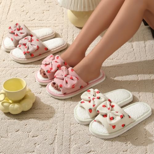 Premium Comfort Cute Bow Strawberry Women's Fuzzy House Slippers Indoor Soft Warm Kawaii Shoes Memory Foam Sole2