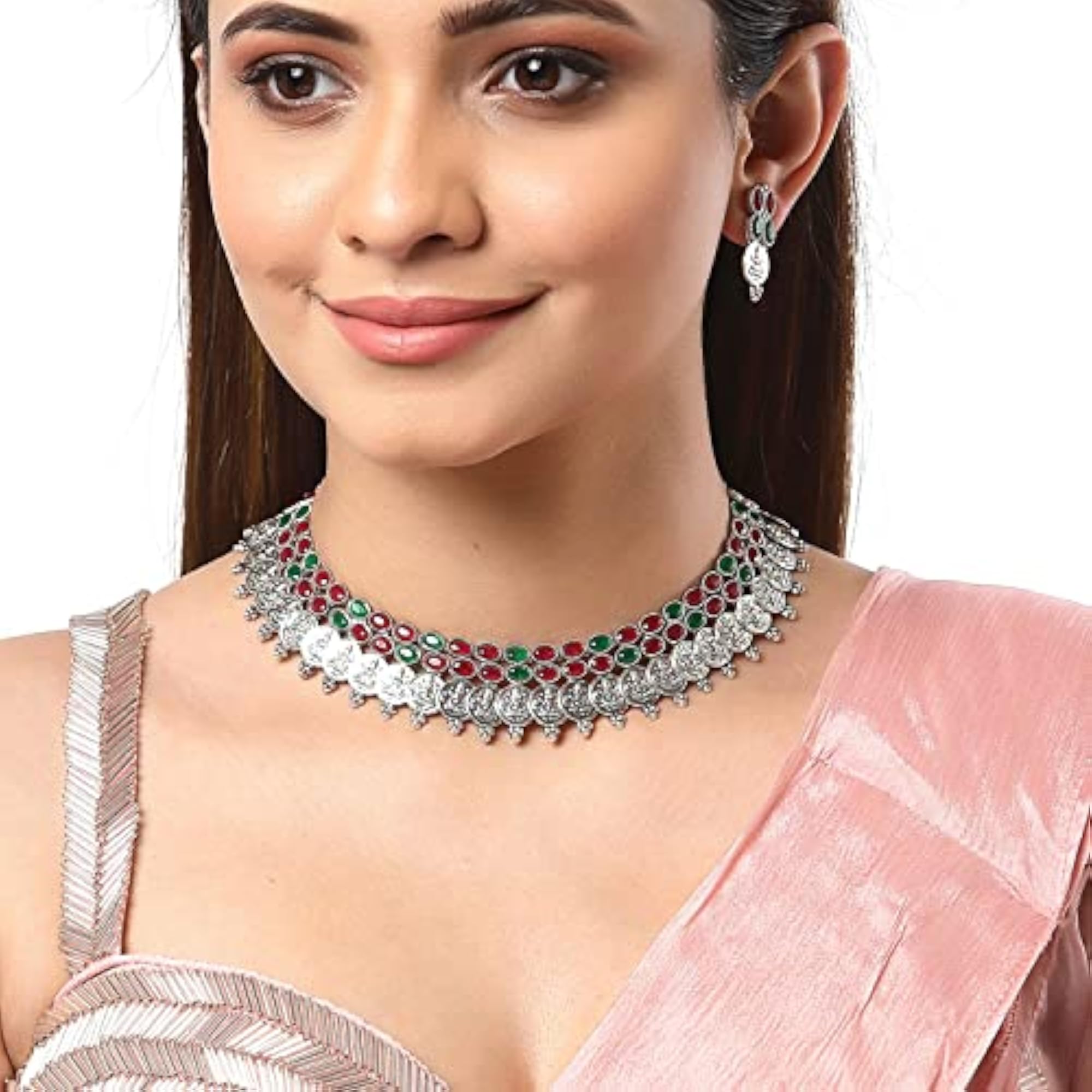 Antique Oxidised Silver-Plated Temple Coin Necklace Set with Earrings